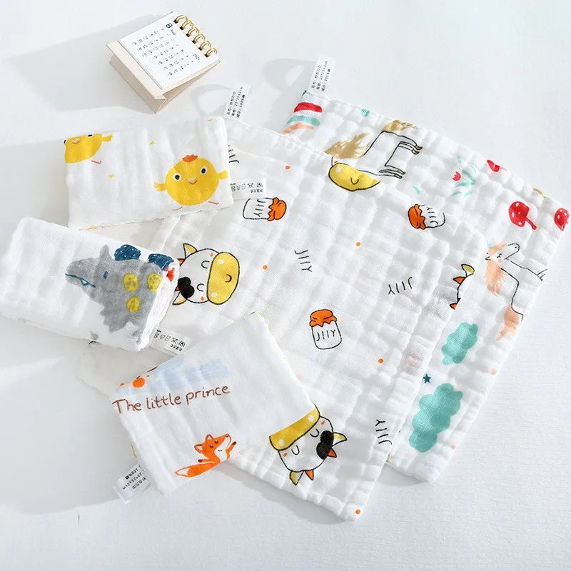 5-Piece 25*25cm Six-Layer Cotton Gauze Baby Face Wash Towel, High-Density Cartoon Handkerchief for Newborns and Kids