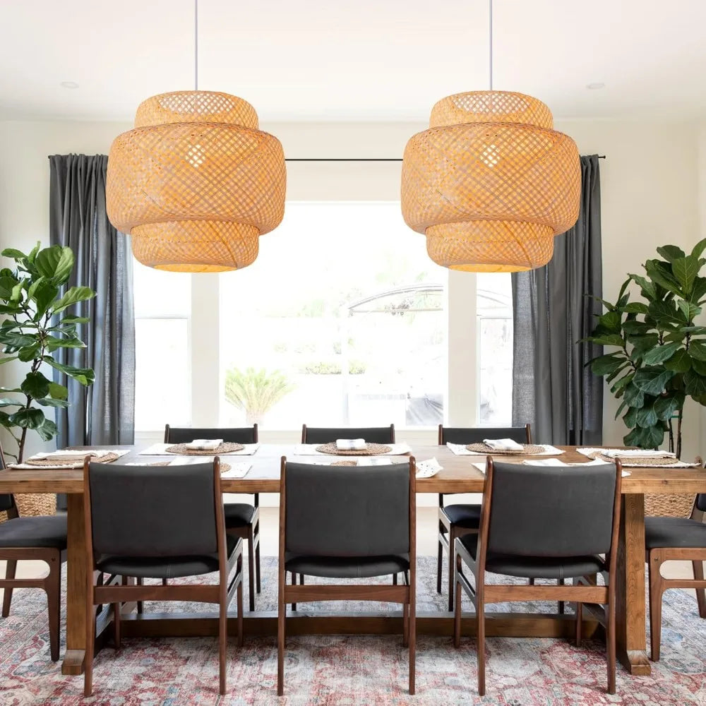 Bamboo Pendant Light 30/40/50CM Hand-Woven Rattan Hanging Lamp Farmhouse Wicker Chandelier for Dining Living Bedroom