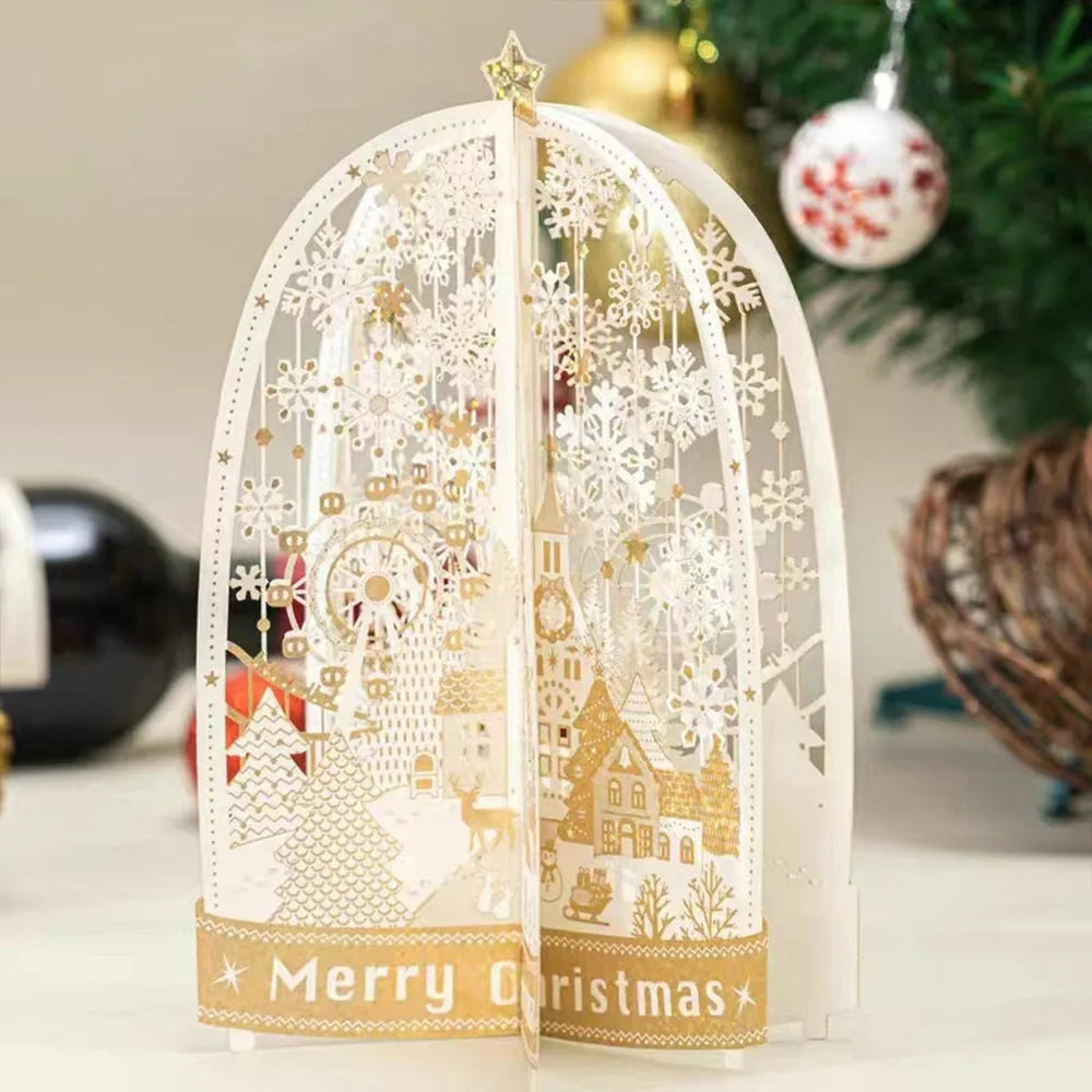 Paper Christmas 3D Greeting Card Gold Plated with Envelope Merry Christmas Blessing Cards Ornaments Craft Paper Carving Postcard
