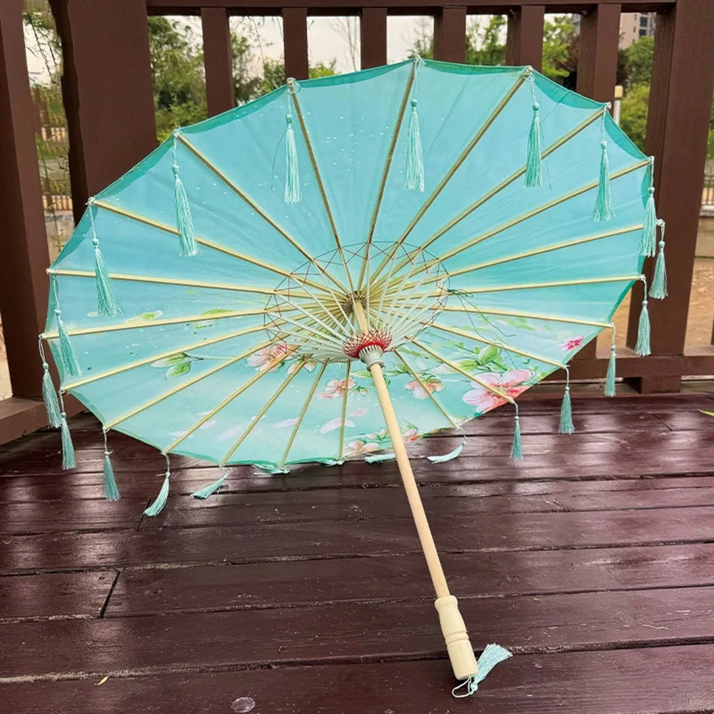 70cm Silk Fabric Tassel Umbrella Handheld Chinese Style Ancient Dance Umbrella Rainproof Decorative Classical Oil Paper Umbrella