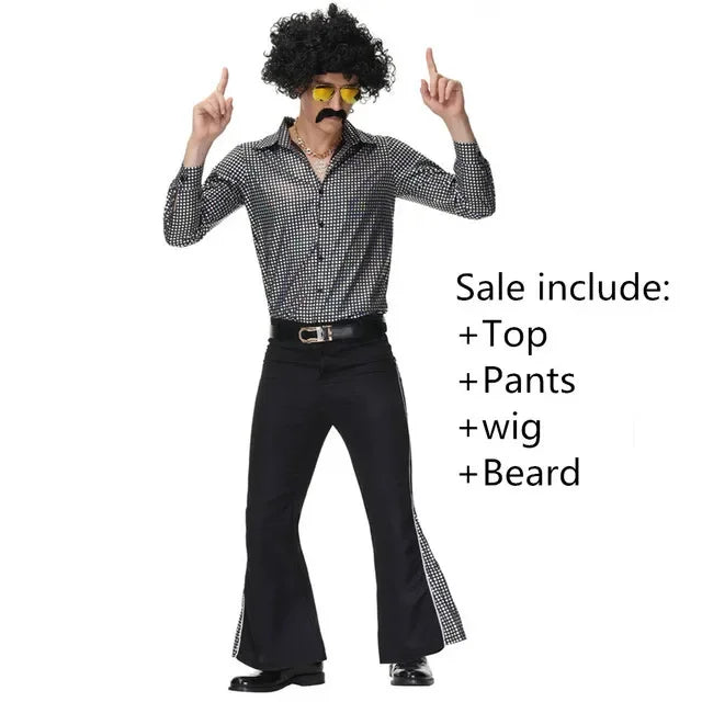 Halloween Hippie Costumes Set 70s 80s Cosplay Men Fancy Disguise Costume Carnival Party Vintage Rock Disco Night Club Clothes