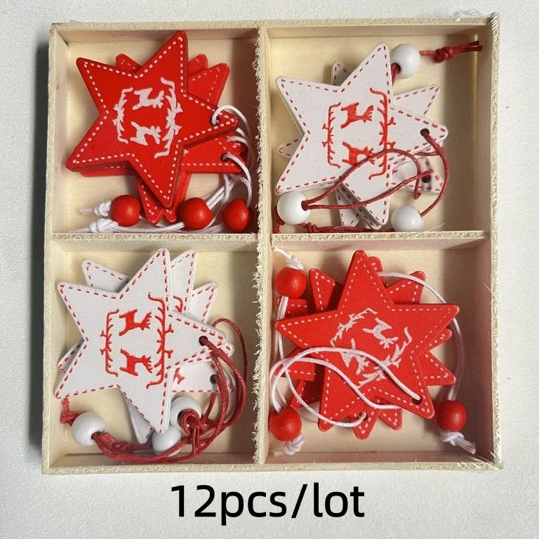 12Pcs/lot Merry Christmas Tree Decoration Wooden Hanging Pendant elk bells snowflake Xmas Ornaments New Year Home Decor Gifts