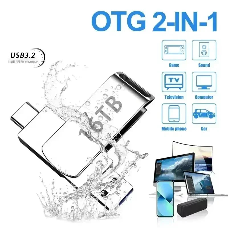 16TB Flash Drive USB 3.2 High Speed 2TB USB Transfer Type-C 2-In-1 8TB OTG Pendrive Waterproof Flash Drive For Computer Storage