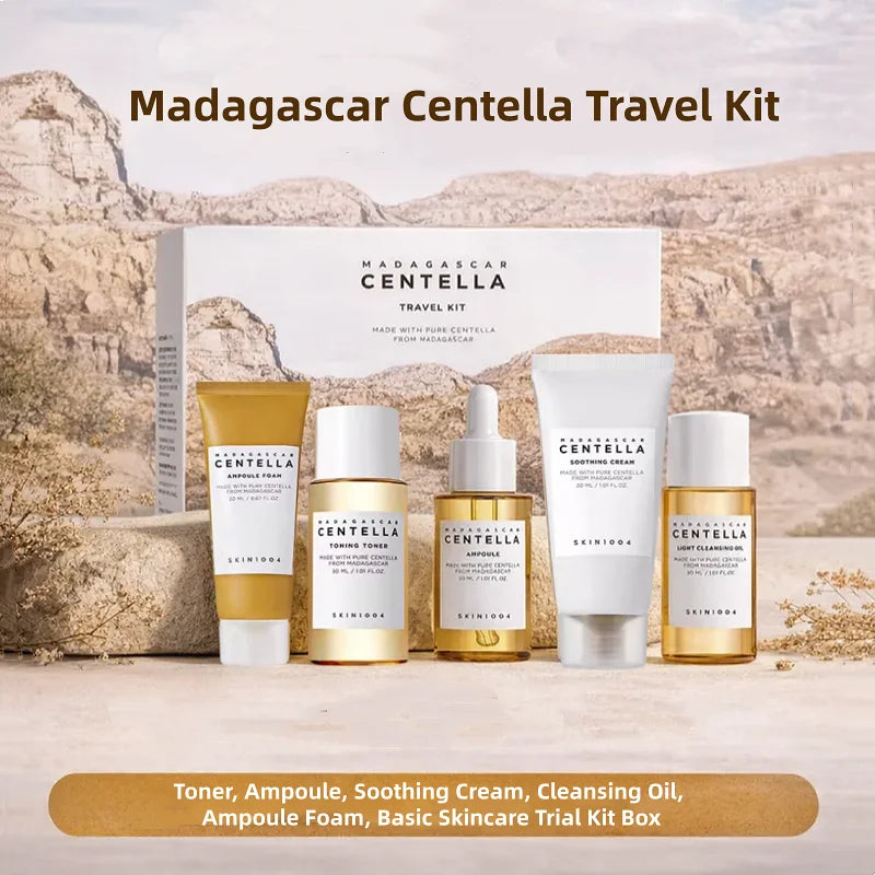 Korean Centella Travel Kit, Toner, Ampoule, Soothing Cream, Cleansing Oil, Ampoule Foam, 5-Piece Basic Daily Skincare Mini Gift Set
