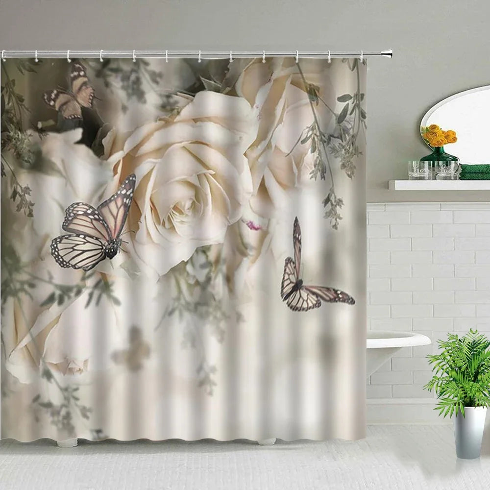 Rose Butterfly White Flower Shower Curtain Floral Print Waterproof Polyester Bathroom Curtain Fabric For Bathtub Decoration