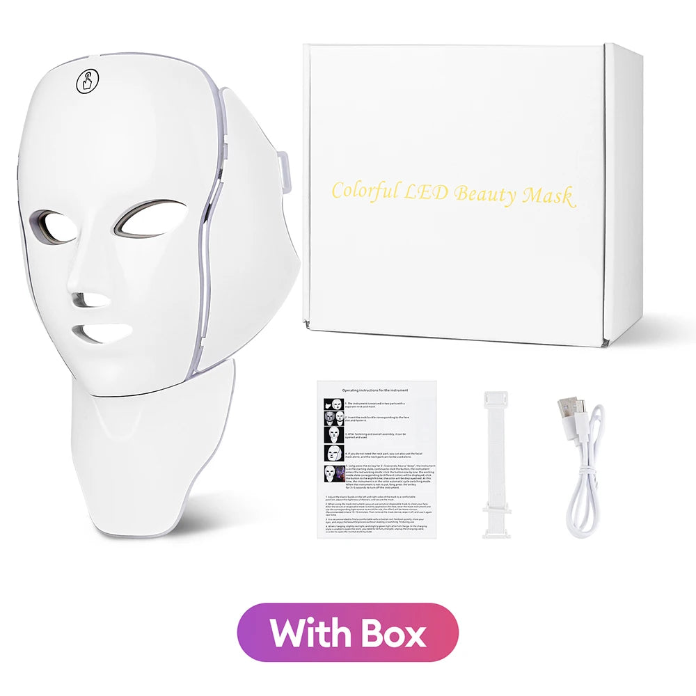 Rechargeable 7 Colors LED Face Neck Photon Mask Red Light Therapy Anti Aging Wrinkle Skin Tightening Lifting Skin Care Mask