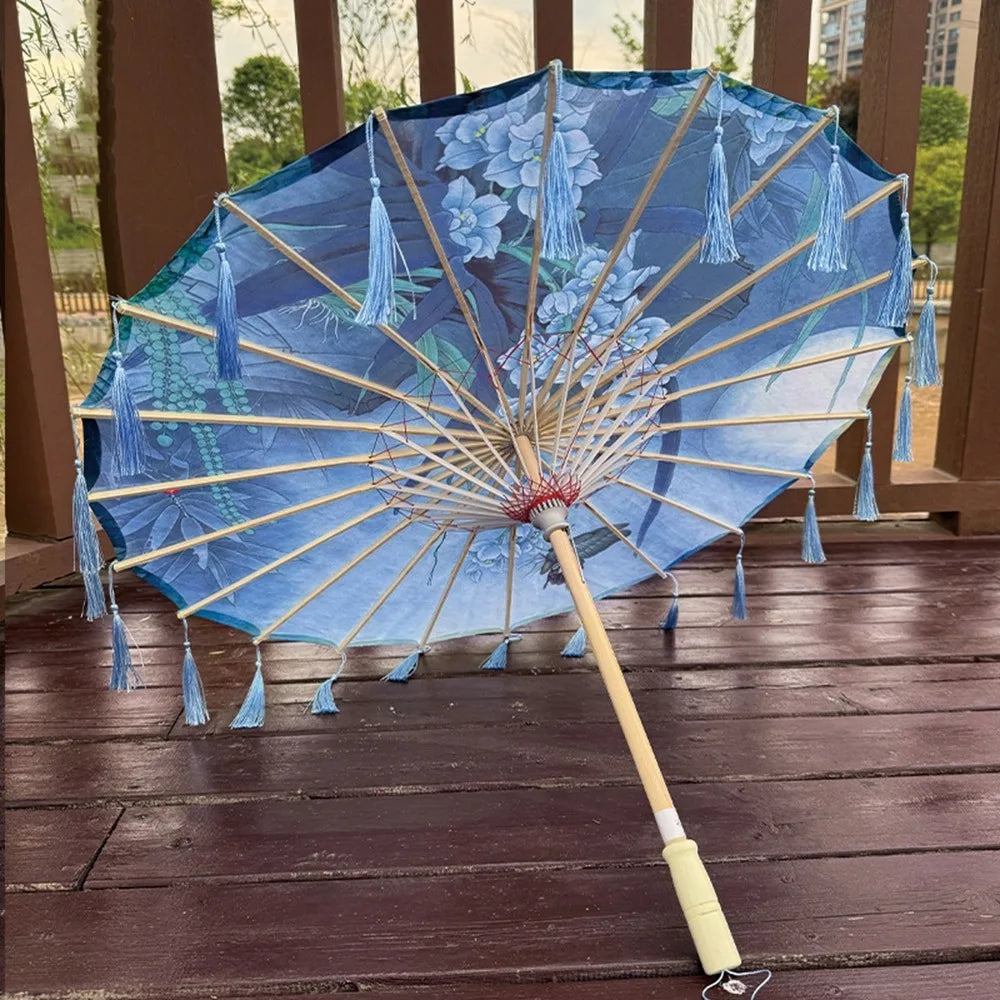 70cm Silk Fabric Tassel Umbrella Handheld Chinese Style Ancient Dance Umbrella Rainproof Decorative Classical Oil Paper Umbrella