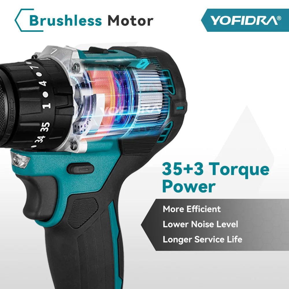 YOFIDRA 13MM 35+3 Torque Brushless Electric Impact Drill Cordless Electric Screwdriver Power Tool For Makita 18V Battery Pin
