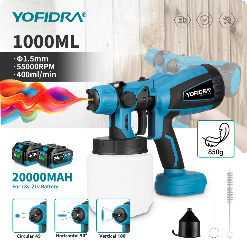 YOFIDRA 1000ML Cordless Electric Spray Gun 55000RPM Handheld Paint Sprayer Auto Coating Airbrush Tool for Makita 18V Battery Pin