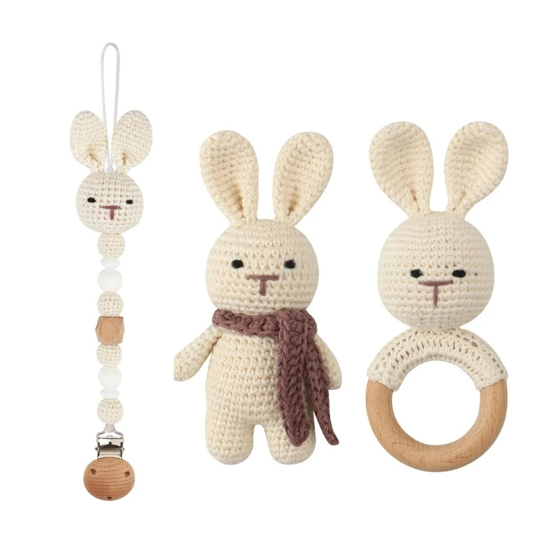 Crochet Koala Pacifier Clip, Handbell Rattle, Teether Doll, Pacifier Chain Clip Set, Cartoon Teething Toy