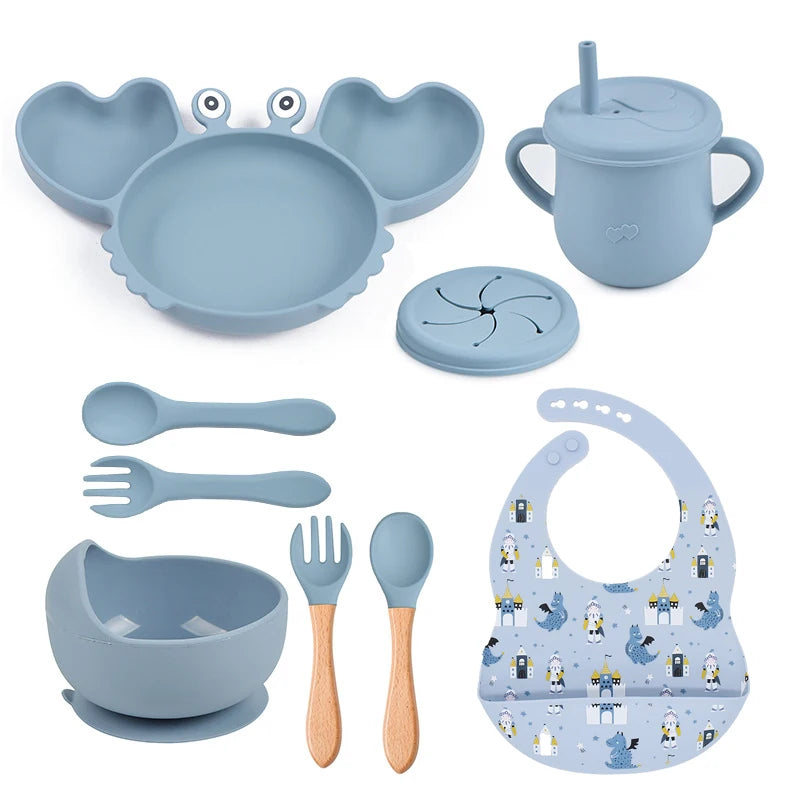 9Pcs Baby Silicone Non-Slip Suction Bowl Plate Spoon Waterproof Bib Cup Set, Baby Crab Dishes, Food Feeding Bowl for Kids, BPA Free