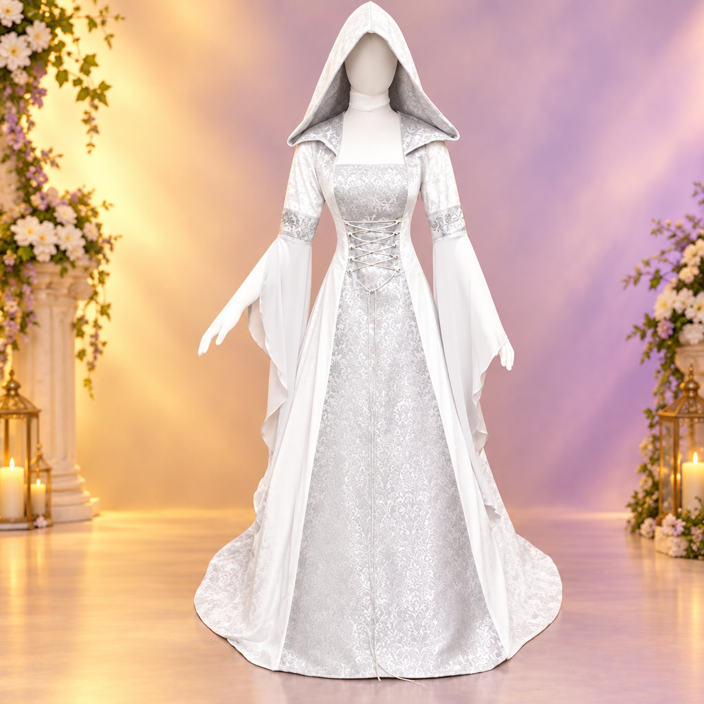 Halloween Cosplay Women's Luxury Witch Hooded Dress Costumes Retro Embroidered Renaissance Gothic Wedding Floor Length Dress