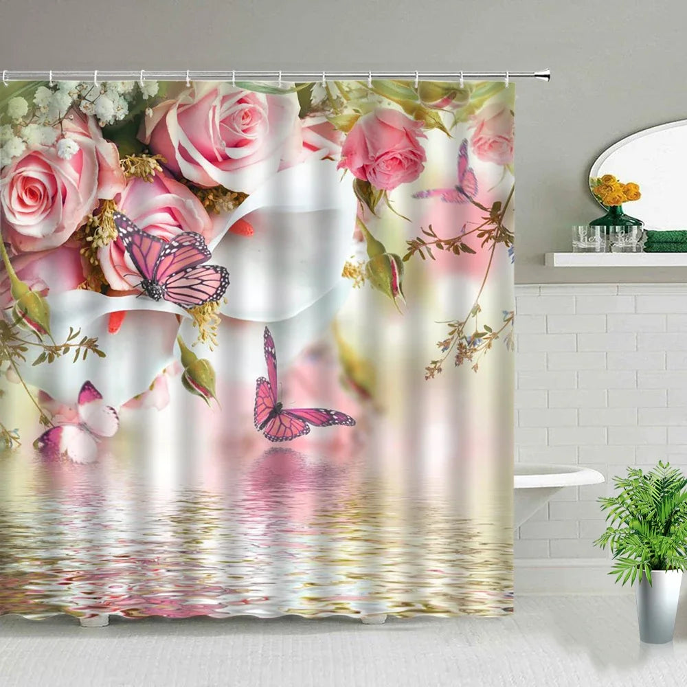 Rose Butterfly White Flower Shower Curtain Floral Print Waterproof Polyester Bathroom Curtain Fabric For Bathtub Decoration
