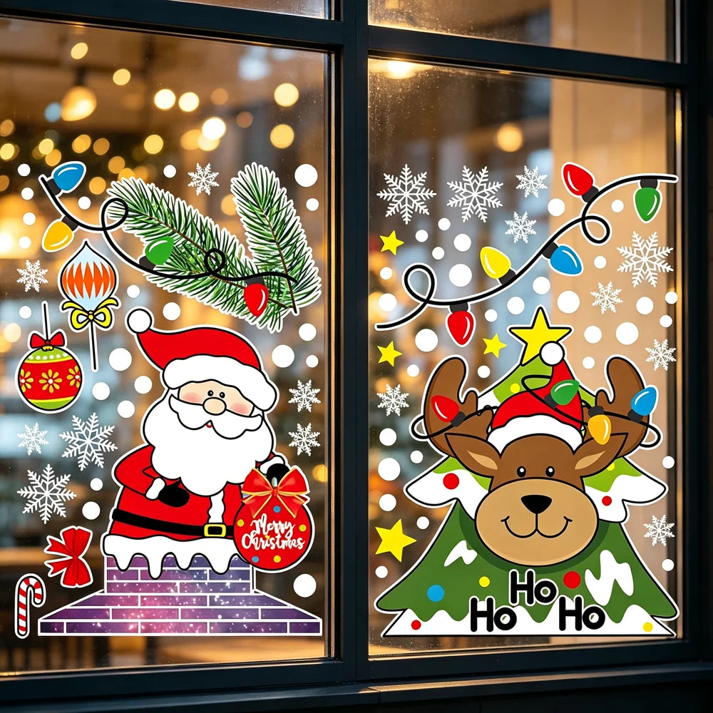 Christmas Window Stickers Santa Claus Reindeer Snowflake Static Window Clings Merry Christmas Glass Decals New Year Party Decors