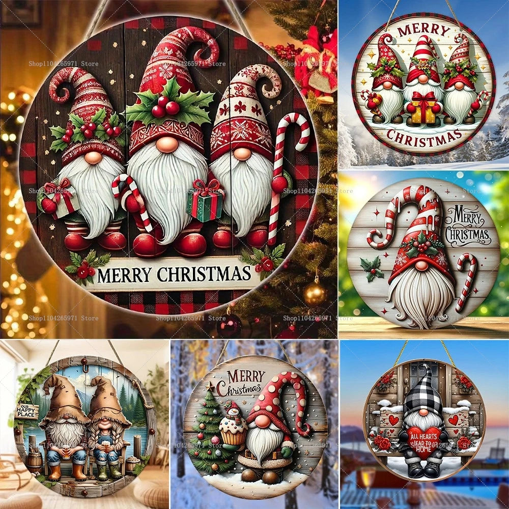 1pcs Merry Christmas Dwarf Wooden Ornaments Sign Dwarf Christmas Candy Cane Pattern Wooden Hanging Home Plaque Scene DecorSupply