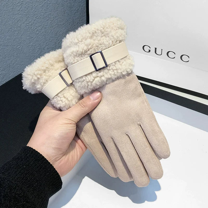 Women's Winter Gloves with Fleece Lining, Warm, Windproof, Cold-Resistant, Plush Decoration, Touchscreen Compatible, Suitable Fo