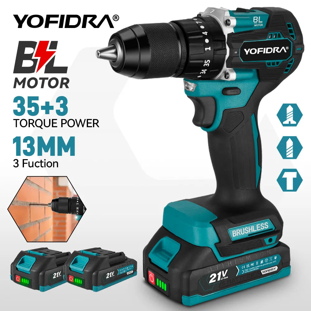 YOFIDRA 13MM 35+3 Torque Brushless Electric Impact Drill Cordless Electric Screwdriver Power Tool For Makita 18V Battery Pin
