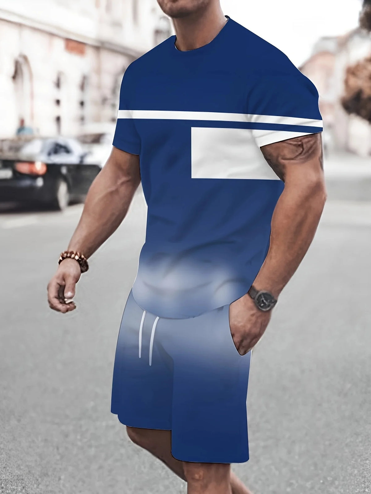 Summer New Arrival Men's Casual Two-Piece Set Striped Print Short-Sleeve Shirt and Athletic Shorts Set Men's Fitness Set
