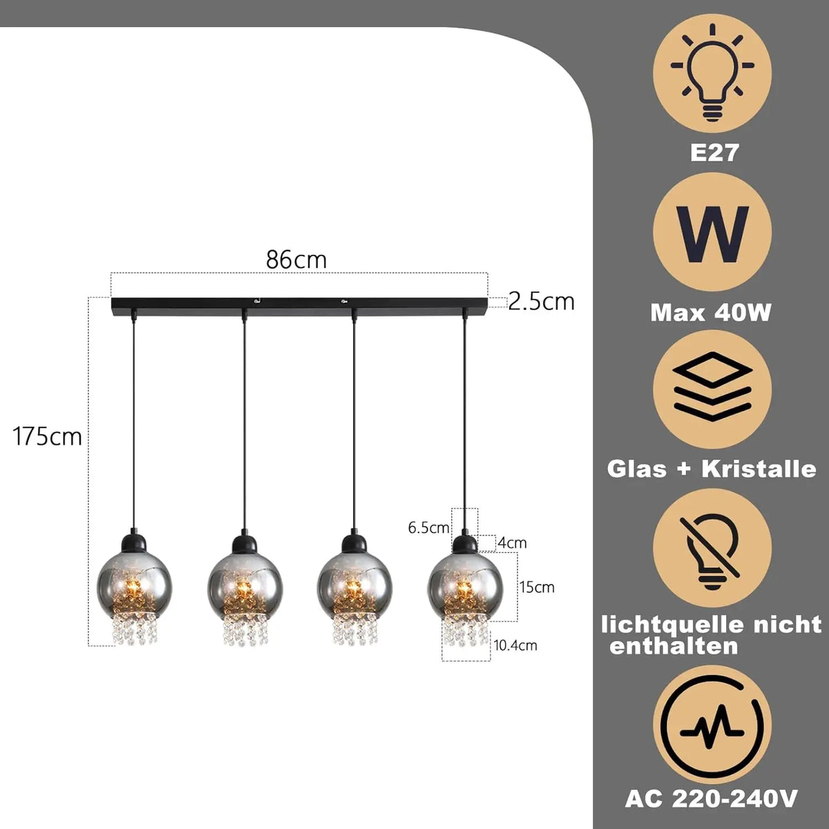 Pendant lamp dining table hanging lamp E27 hanging lamp 4 Flame glass dining room lamp Vintage dining table lamp Smoke gray dining room pendant lamp for living room bedroom kitchen (without illuminant