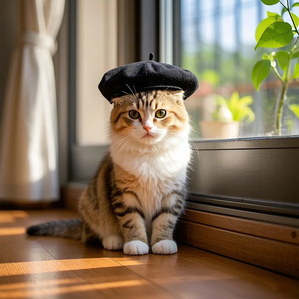 Dog Beret Hats Cat Hats Fashion Four Seasons Funny Wool Winter Pet Hat Mini Monochrome Cat Beret Cute Pet Casual Travel Outfit