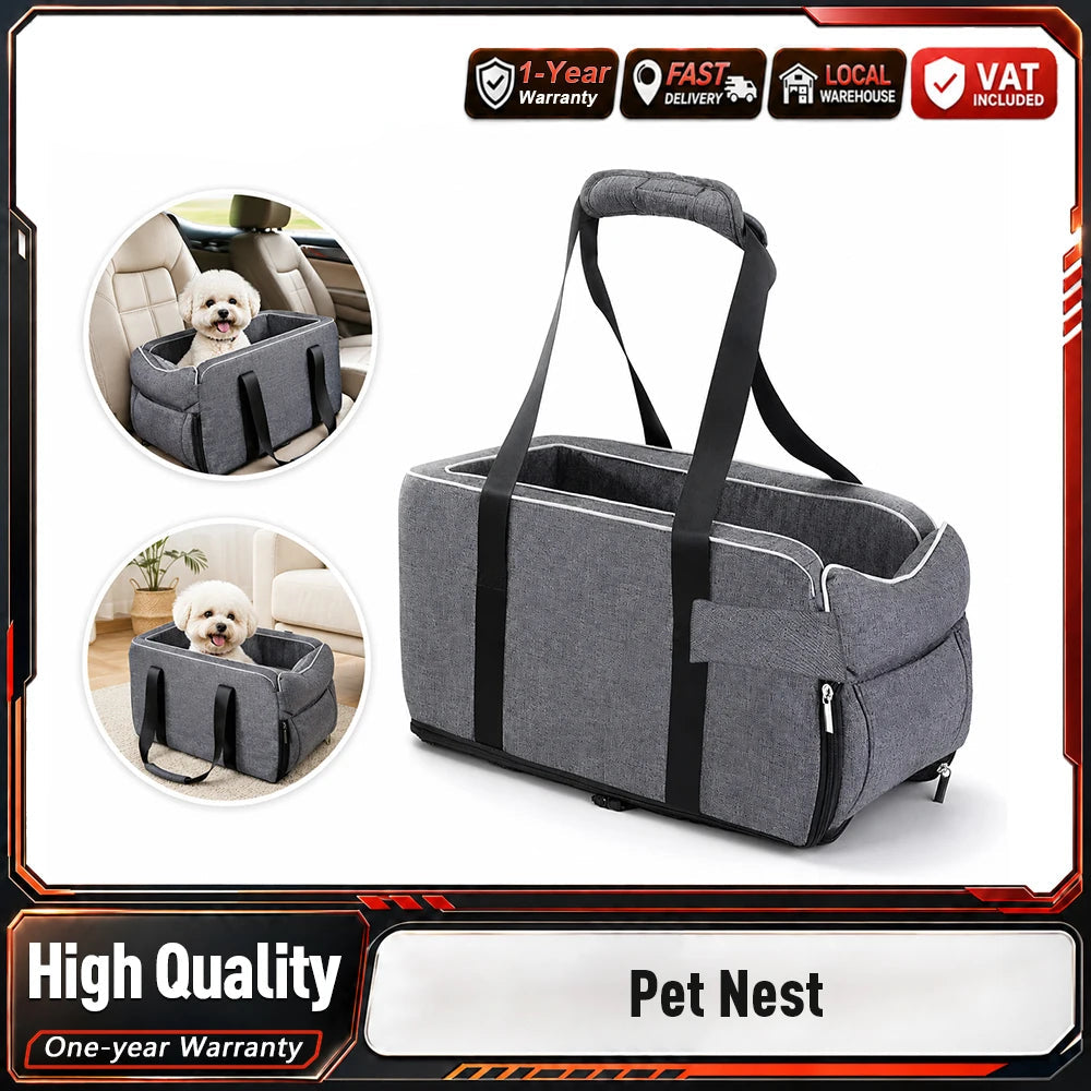 Grey Square Center Console Pet Nest All Season Universal 2 In 1 Car Dog Booster Seat Adjustable Shoulder Strap Removable Washable Car Armrest Pet Carrier Outdoor Hiking Travel Small Dog Cat Auto Safety Bed Pet Accessor