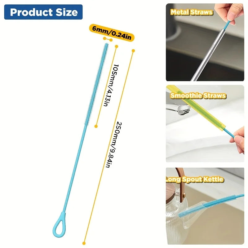 Silicone Wash Cup Brush with Long Handle Reusable Silicone Straw Cleaning Kit Diameter 6mm Bendable Soft Pipe Tube Cleaning