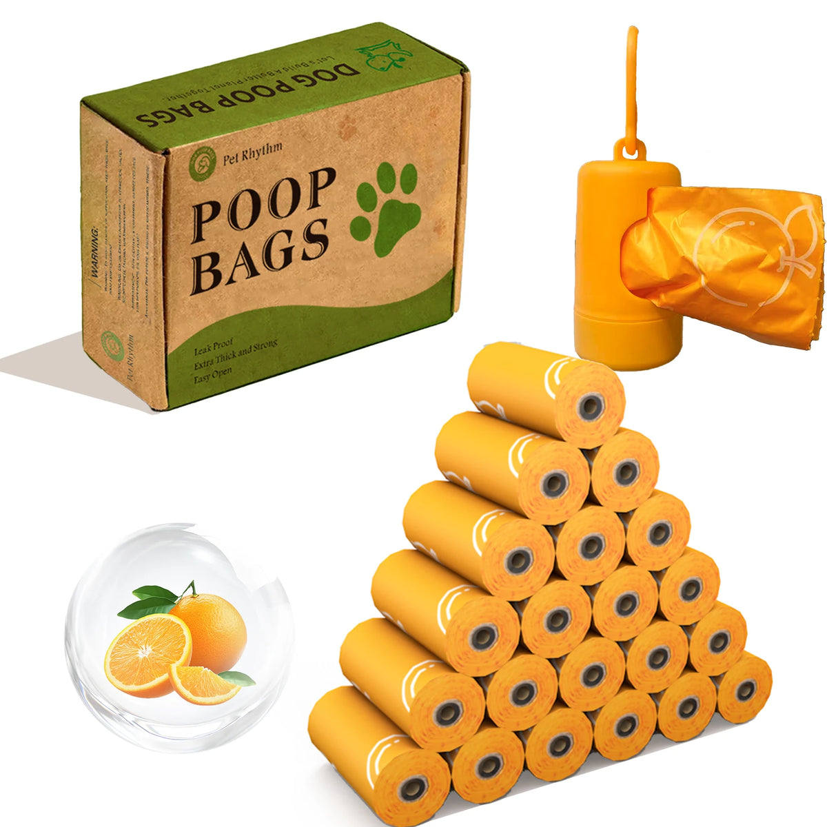 Sacchetti biodegradabili per deiezioni canine color arancione, profumati all'arancia, con dispenser e spessore rinforzato.