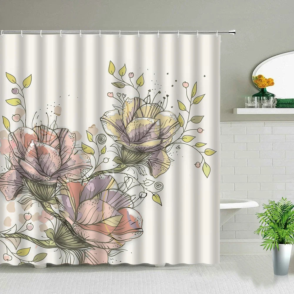 Rose Butterfly White Flower Shower Curtain Floral Print Waterproof Polyester Bathroom Curtain Fabric For Bathtub Decoration
