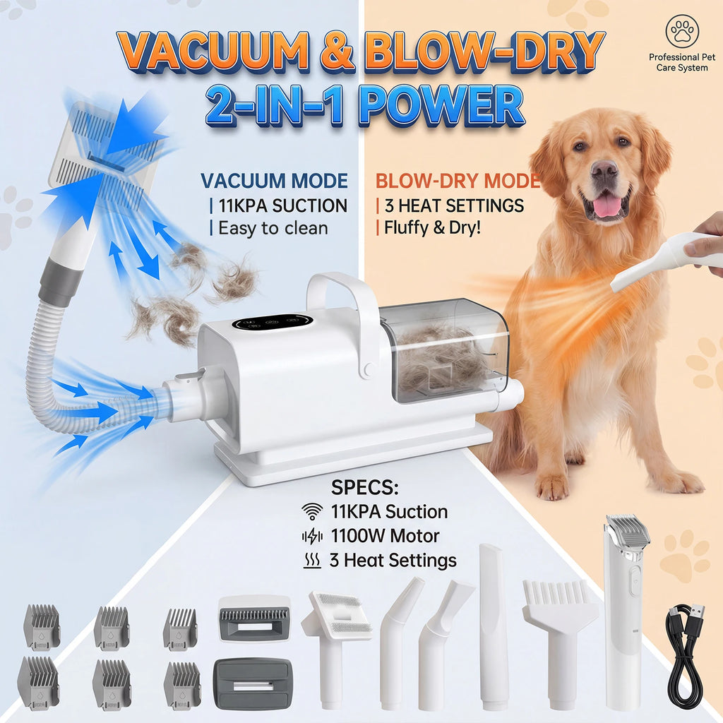 8 in1 Pet Grooming Vacuum&Dryer Kit 2.2L Dust Cup Multifunctional Pet Grooming Vacuum Kit 3-Speed Dog Hair Vacuum Cleaner with Suction,Low Noise Cat Dog Grooming Kit with Electric Clippers,Blow Dryer&15-Piece Tools