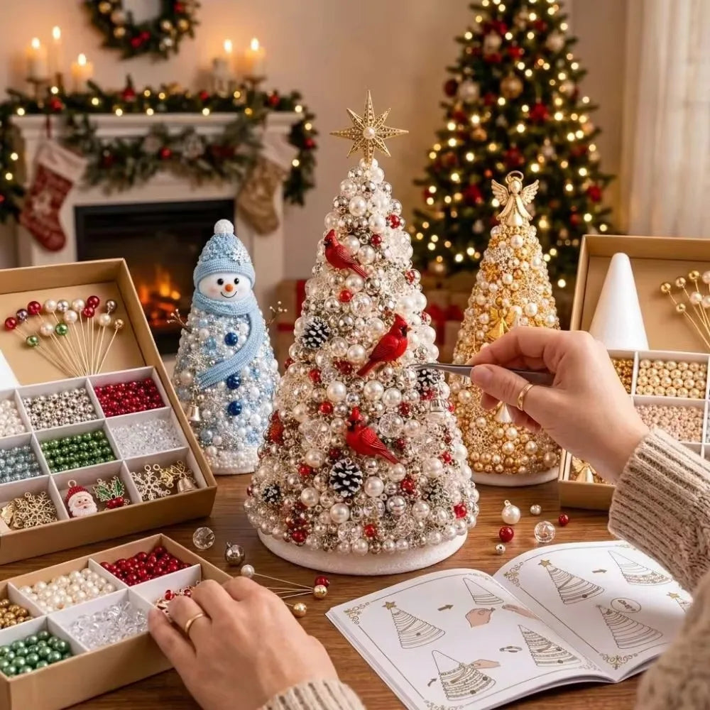 DIY Beaded Christmas Tree Craft Kit Crystal Bead Mini Tree with Angel Topper, Handmade Holiday Tabletop Decor for Home Christma