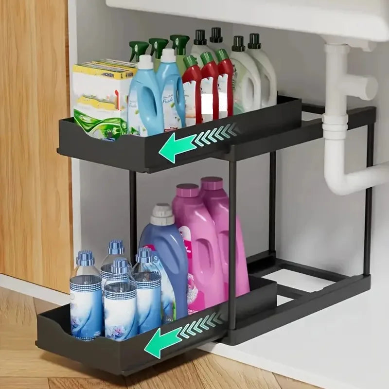 2-Tier Pull Out Under Sink Storage Rack Multifunctional Drawer Organizer Kitchen Bathroom Countertop Cleaning Supplies Storage