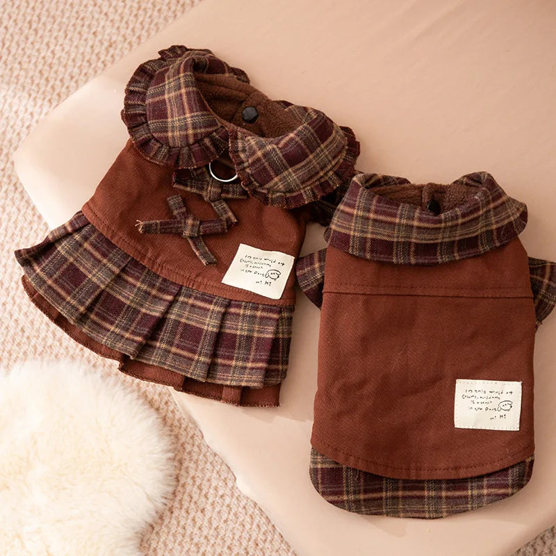 Autumn and Winter Pet Plaid Couple Outfit Thin Dress Hoodie Cat Teddy Jacket Dog Dresses for Small Dogs Puppy Clothes