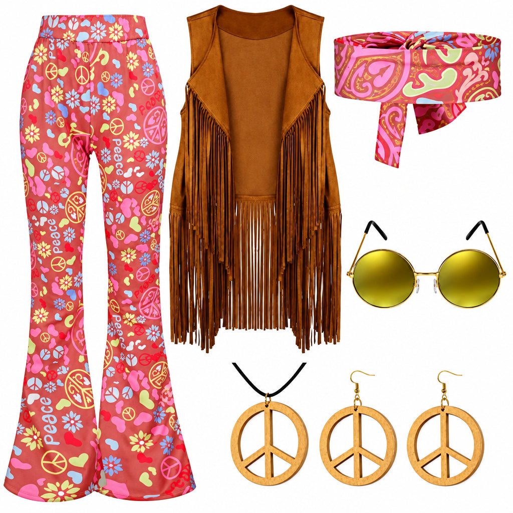 Halloween Hippie Costume Women's Set for Carnival 70s Clothing Accessories Six-Piece Set Tassel Vest+Pants+Headband Set