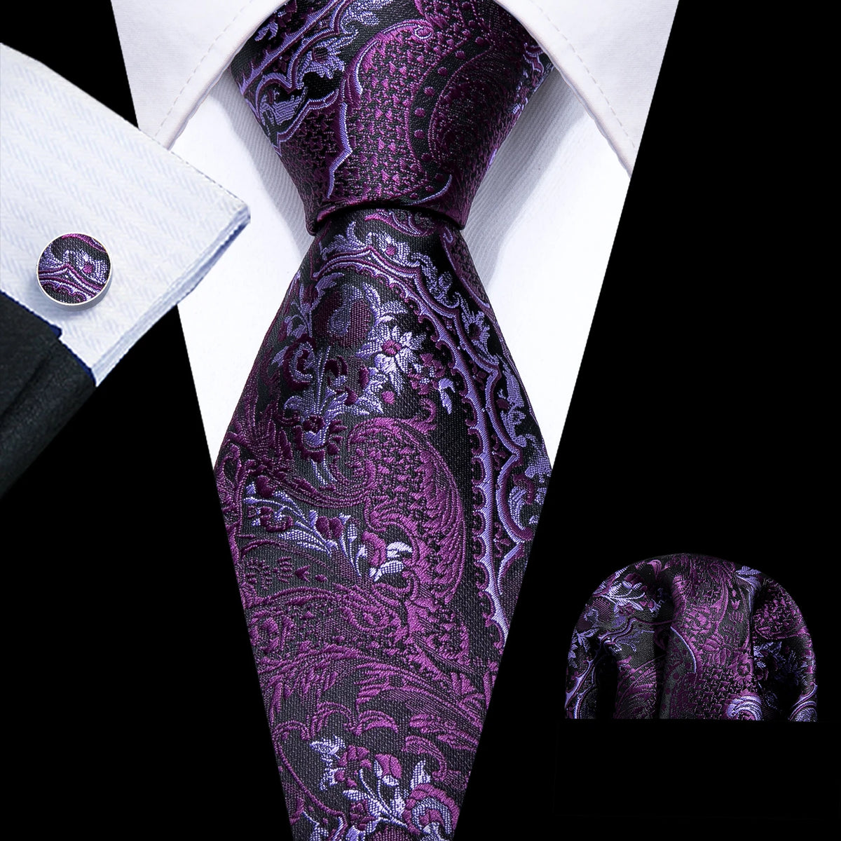 Male Gift Men Tie Set Purple Violet Solid Paisley Striped Wedding Business Tie for Man Necktie Handky Cufflinks Barry.Wang