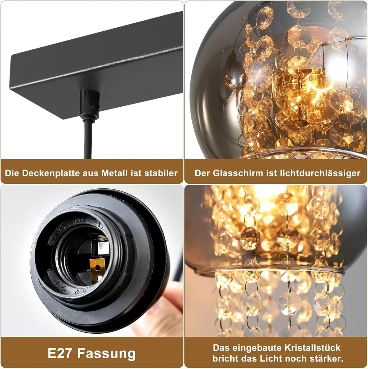 Pendant lamp dining table hanging lamp E27 hanging lamp 4 Flame glass dining room lamp Vintage dining table lamp Smoke gray dining room pendant lamp for living room bedroom kitchen (without illuminant