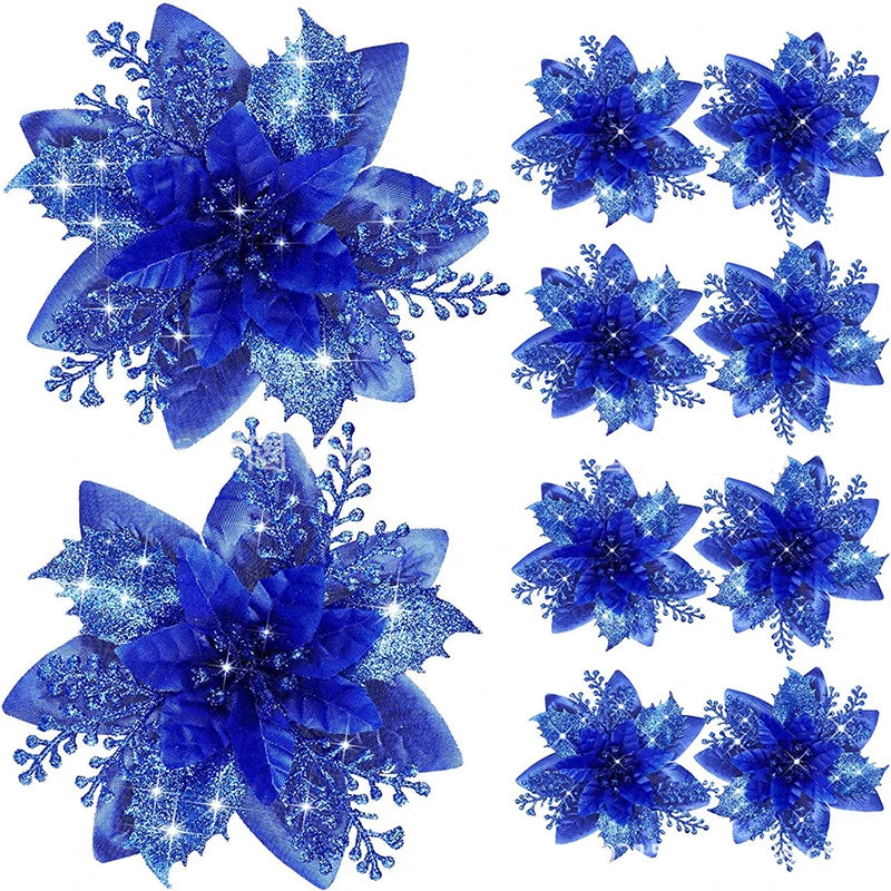Glitter Pink Christmas Flowers Xmas Tree 14cm Artifical Flower Ornaments  Merry Christmas Decoration For Home New Year
