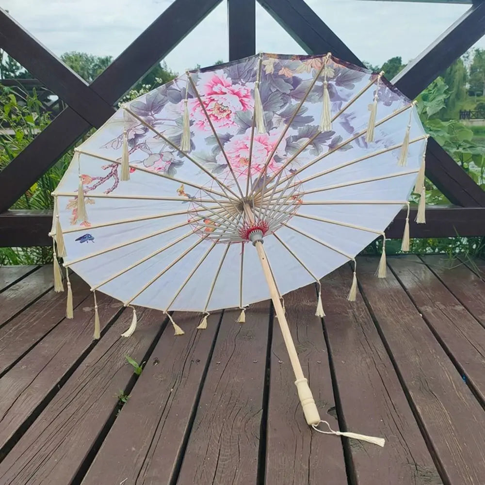 70cm Silk Fabric Tassel Umbrella Handheld Chinese Style Ancient Dance Umbrella Rainproof Decorative Classical Oil Paper Umbrella