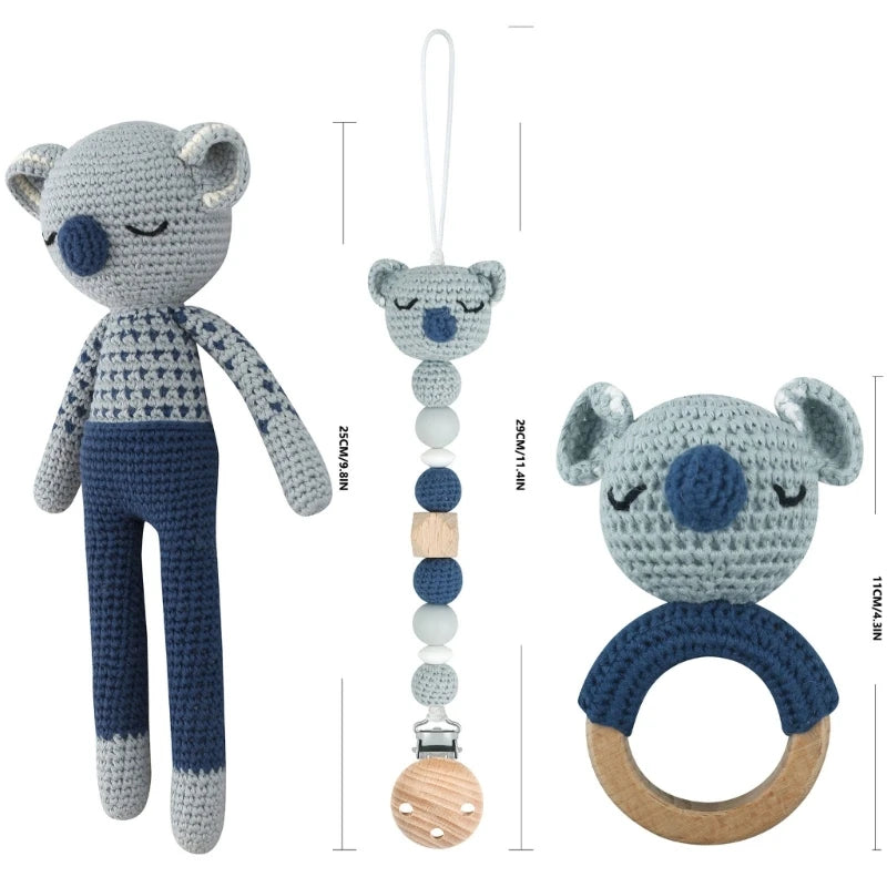 Crochet Koala Pacifier Clip, Handbell Rattle, Teether Doll, Pacifier Chain Clip Set, Cartoon Teething Toy