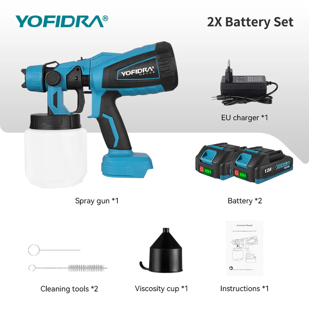 YOFIDRA 1000ML Cordless Electric Spray Gun 55000RPM Handheld Paint Sprayer Auto Coating Airbrush Tool for Makita 18V Battery Pin