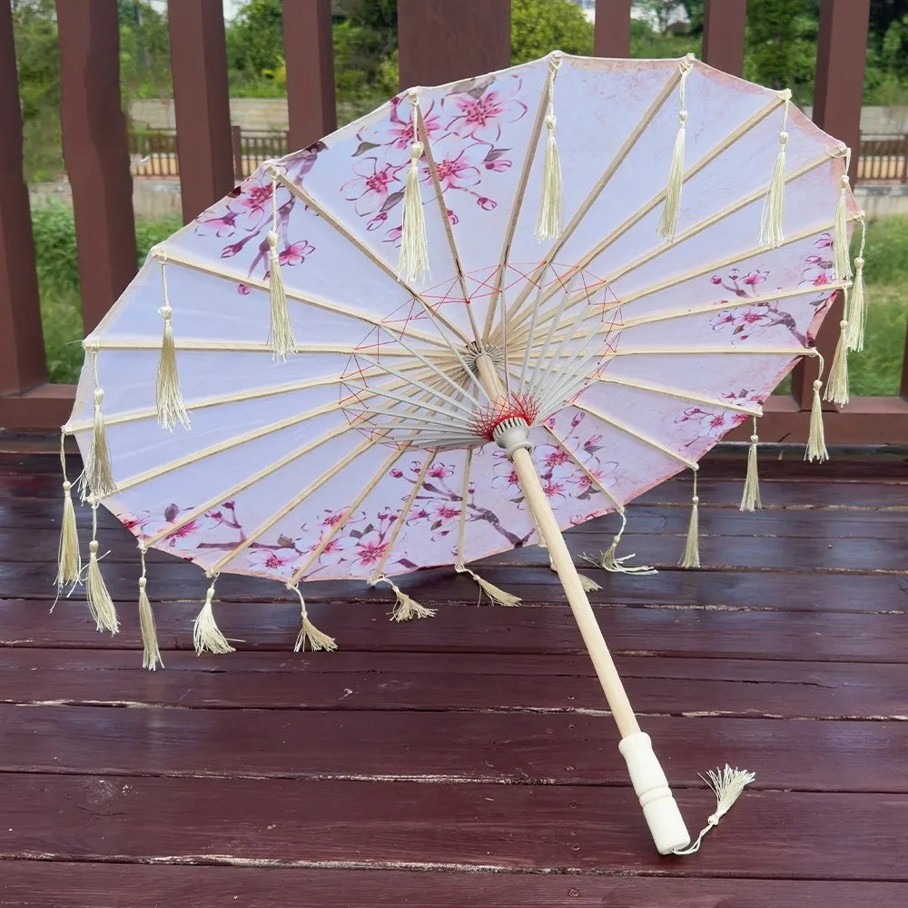 70cm Silk Fabric Tassel Umbrella Handheld Chinese Style Ancient Dance Umbrella Rainproof Decorative Classical Oil Paper Umbrella