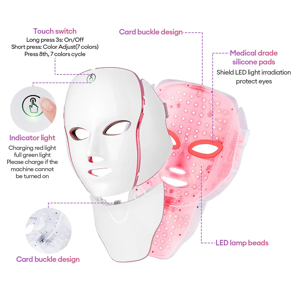 Rechargeable 7 Colors LED Face Neck Photon Mask Red Light Therapy Anti Aging Wrinkle Skin Tightening Lifting Skin Care Mask