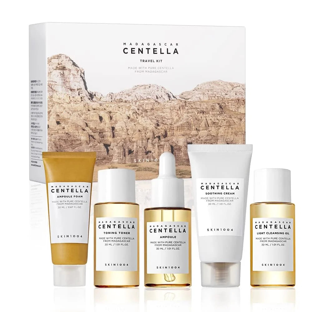 Korean Centella Travel Kit, Toner, Ampoule, Soothing Cream, Cleansing Oil, Ampoule Foam, 5-Piece Basic Daily Skincare Mini Gift Set