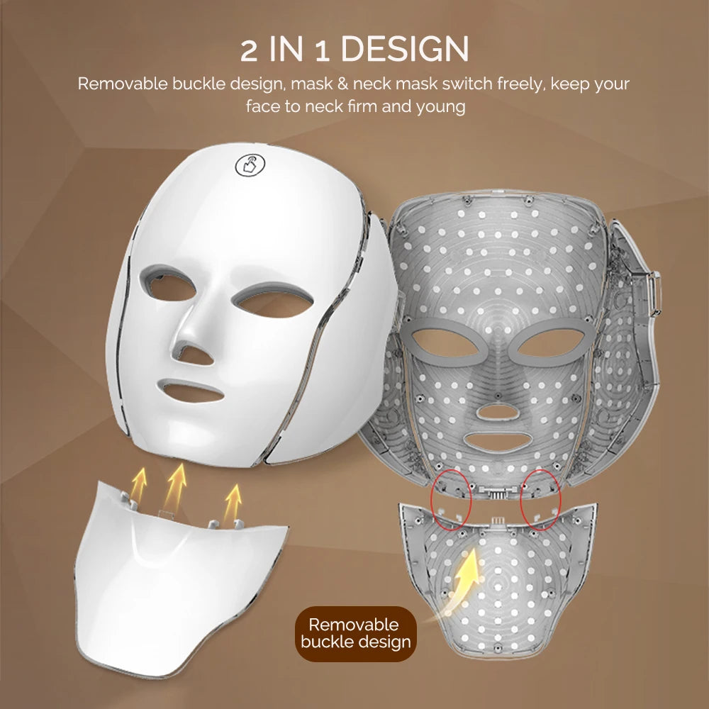 LED Facial Mask with Neck 7 Colors Light Therapy Red Light Facial Mask for Anti-Aging Rejuvenation Brighten Skin Beauty Device
