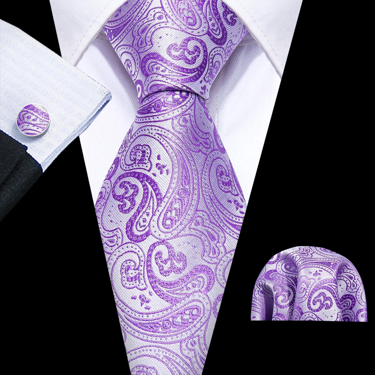 Male Gift Men Tie Set Purple Violet Solid Paisley Striped Wedding Business Tie for Man Necktie Handky Cufflinks Barry.Wang