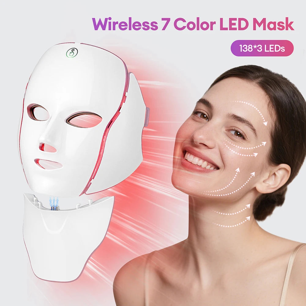 Rechargeable 7 Colors LED Face Neck Photon Mask Red Light Therapy Anti Aging Wrinkle Skin Tightening Lifting Skin Care Mask