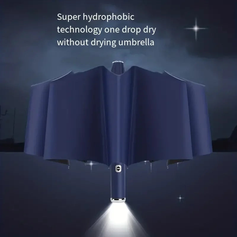 10-rib fully automatic three-fold umbrella, rotatable LED flashlight, wind-resistant business folding umbrella, sun umbrella