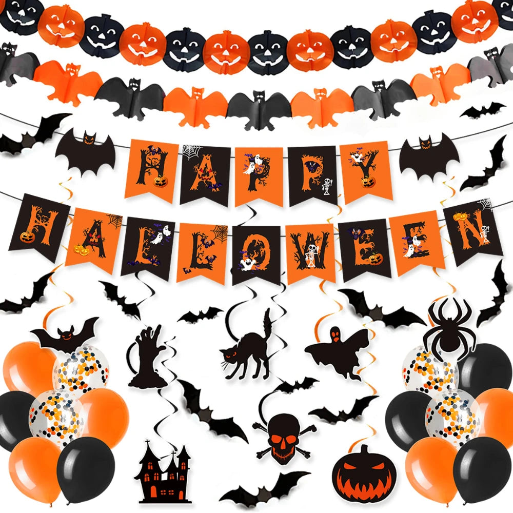Halloween Decorations, Party Supplies Set Includes Happy Halloween Banner Skeleton-Themed Bunting Garland Wall Stickers Party
