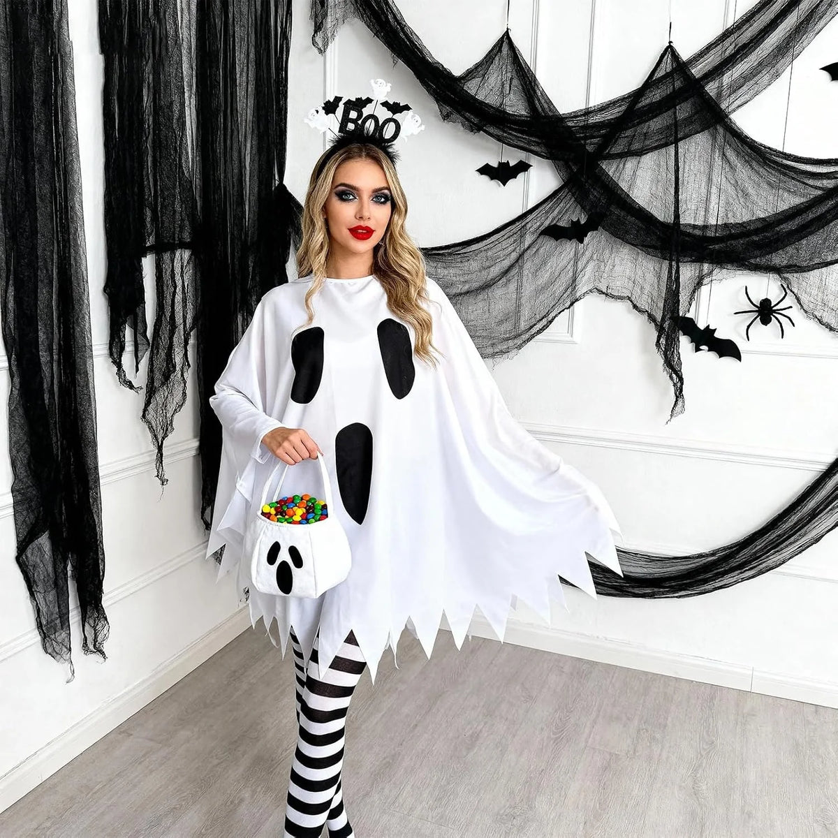Halloween Ghost Costumes for Women Adult Ghost Poncho/Headband/Stripe Tights/Bag,Easy Halloween Costumes for Cosplay Party