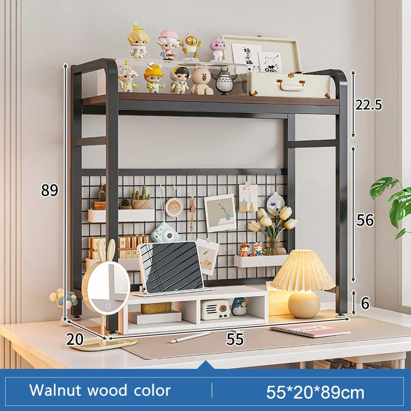 Bookshelf Bookcase With Grid Desktop Multi-layer Wrought Iron Shelf Student Computer Desk Table Hole Board Table Wooden Shelves