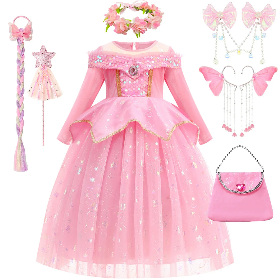 Halloween Costumes Kids Pink Girls Party Dresses Girl Aurora Princess Gown Sleeping Beauty Cosplay Costume Fantasy Disguise Sets